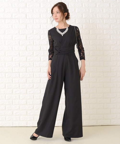 Lace Ladies パンツドレス レース七分袖ワイドレッグパンツ