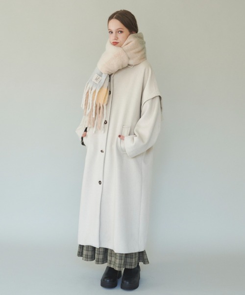 シルク100% 2way ムートンライナー付き ロングコート レディース ステンカラーコート コート 2way long wool coat/2wayウール混ロング