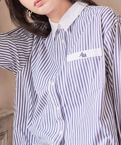 AnnMiru ブラウス シャツ AMロゴバイカラーストライプシャツ 