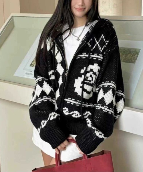 #wnc ヒステリックグラマー HYSTERICGLAMOUR ニット セーター FREE 濃グレー ピンク 総柄 長袖 オルテガ ネイティブ柄 レディース [942193] ネイティブ柄ニット（レディースニット、セーター）（色：ピンク