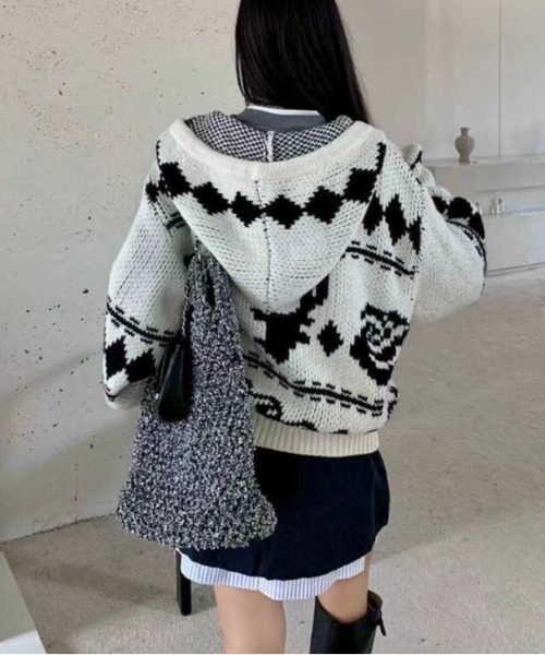 #wnc ヒステリックグラマー HYSTERICGLAMOUR ニット セーター FREE 濃グレー ピンク 総柄 長袖 オルテガ ネイティブ柄 レディース [942193] CAMPAIGN LOGOワッペン ボーダーセーター|HYSTERIC GLAMOUR