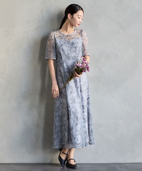 AIMER ドレス フラワーモチーフスパンコール刺繍ミモレ丈袖付き