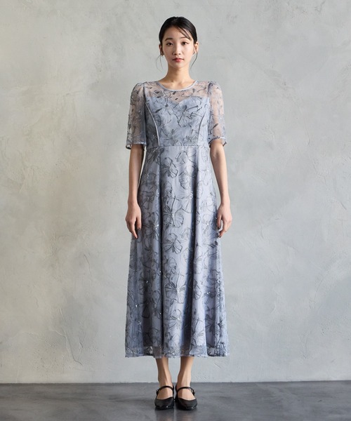 のてぃ AIMER フラワーレース袖 ネイビー ドレス ミモレ丈 Aimer フラワーレース袖マキシドレス ネイビー/M｜結婚式