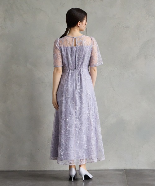 AIMER ドレス フラワーモチーフスパンコール刺繍ミモレ丈袖付き