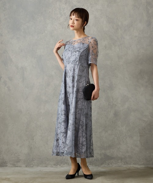 AIMER ドレス フラワーモチーフスパンコール刺繍ミモレ丈袖付き