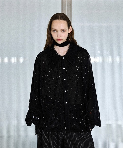 シャツ Rhinestone velours sheer shirt / ラインストーンベロアシアー