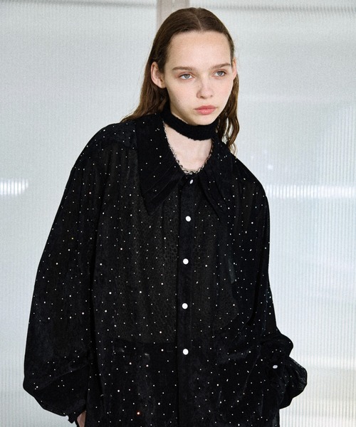 シャツ Rhinestone velours sheer shirt / ラインストーンベロア