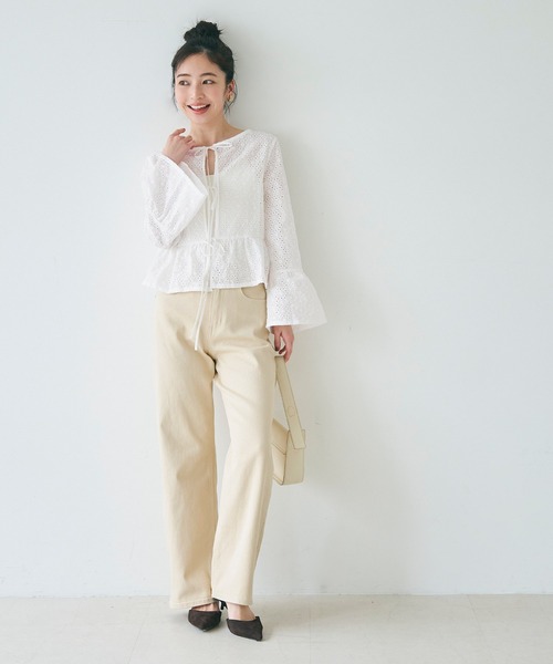 ブラウス シャツ 「INDUS luxury for JETSET SOLO PLUS」レースコンビフレアスリーブブラウス レディース レースレディース Lace Ladies プリーツバルーンスリーブ