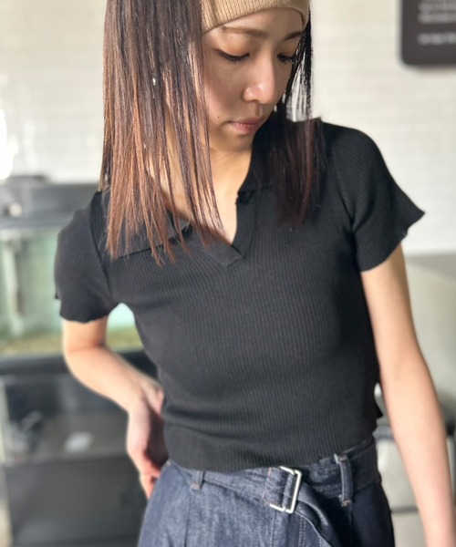 Kotoe ポロシャツ ポロ クロップド 襟付きリブニットポロシャツ