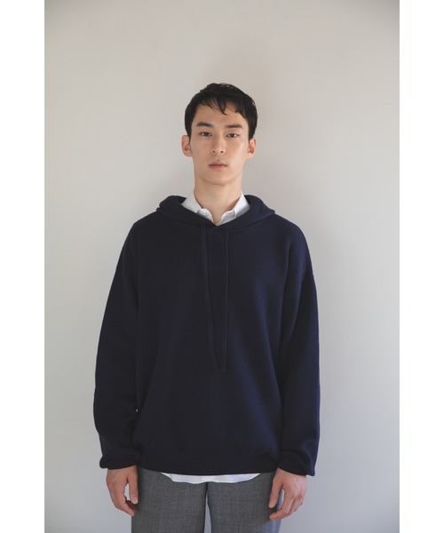 ニット セーター 「hatoooooooooo」12G smouth knit foodie/無地シンプルデザインニットフーディ― レディース メンズ