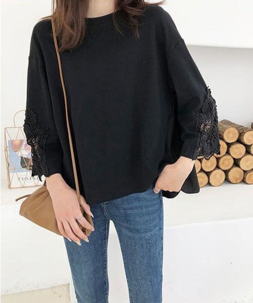 tシャツ ドロップショルダー透かしレースフレンチスリーブドッキングT レディース