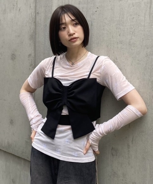 HONEY MI HONEY（ハニーミーハニー） tシャツ logo tulle two-way tops