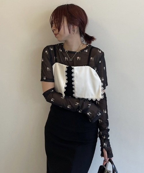 HONEY MI HONEY（ハニーミーハニー） tシャツ logo tulle two-way tops