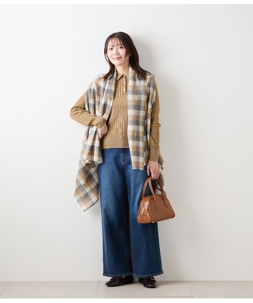 新品　45R.ウール100 ジャガードニット タータンチェック　フリンジ　コート NEWYORKER（ニューヨーカー） コート アウター エターミンブロック