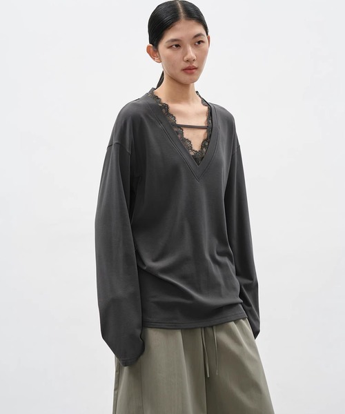 HYSTERIC /ブラック 長袖 VネックTシャツ レース付き Free EIGHTHMONTH tシャツ Vネックレーストップス EM26s023「EIGHTHMONTH