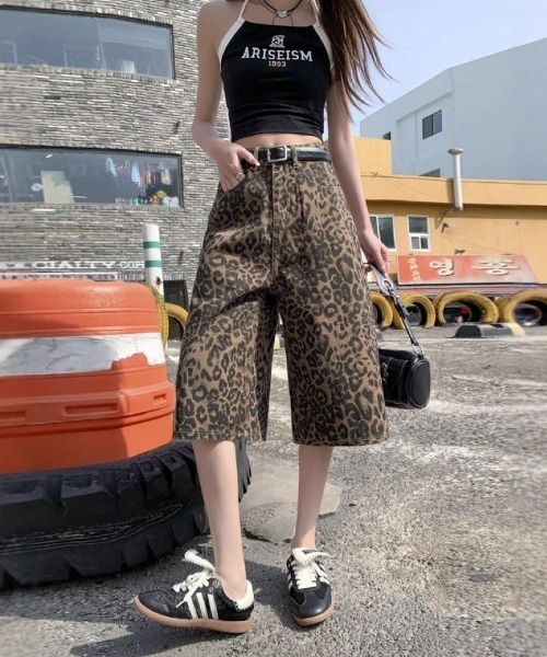 ハーフパンツ パンツ 短パン レオパード デニム ショーツ レディース