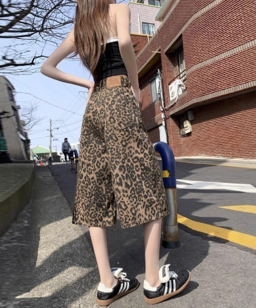 ハーフパンツ パンツ 短パン レオパード デニム ショーツ レディース