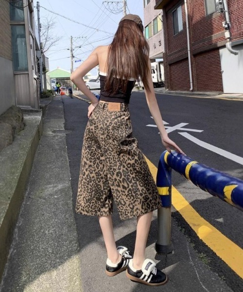 ハーフパンツ パンツ 短パン レオパード デニム ショーツ レディース