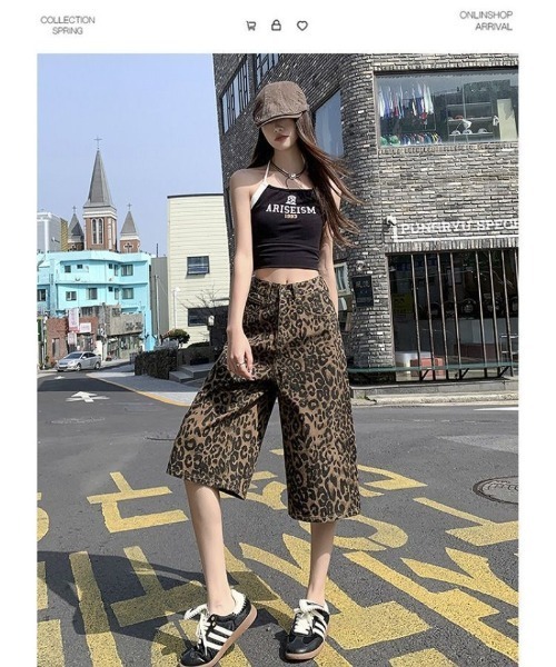 ハーフパンツ パンツ 短パン レオパード デニム ショーツ レディース