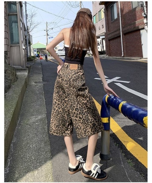ヴィンテージ　デニム　ハーフパンツ　ショーツ　七分丈　レイヤード　レオパード　夏 ハーフパンツ パンツ 短パン レオパード デニム ショーツ レディース