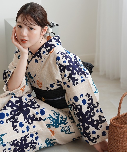 浴衣 手染め注染浴衣3点セット utatane×注染工房 先染めベージュ 光水に遊ぶ レディース