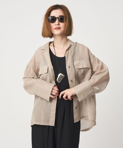 conte 長袖 シャツ ベージュ コットン100% conte ブラウス シャツ 「conte」コットン シアー サファリシャツ