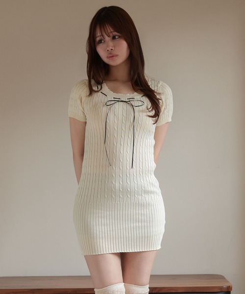 M DOLLY ワンピース Cable knit elsa ribbon mini dress/ケーブル