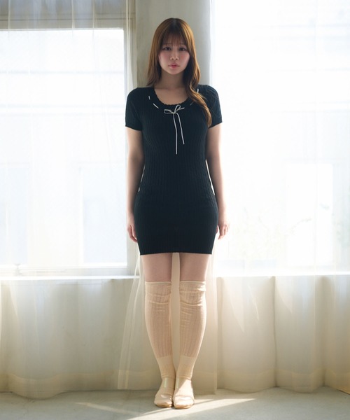 M DOLLY ワンピース Cable knit elsa ribbon mini dress/ケーブル