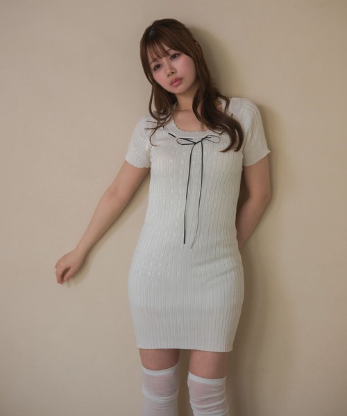 M DOLLY ワンピース Cable knit elsa ribbon mini dress/ケーブル