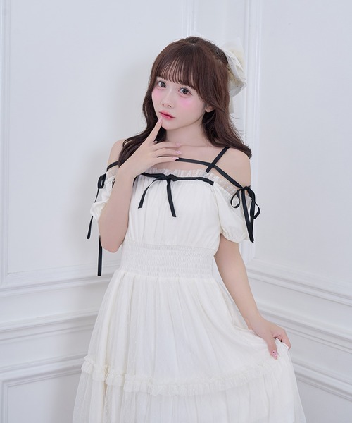 Honey Cinnamon ドットチュールオフショルワンピース 白 Honey Cinnamon（ハニーシナモン） ワンピース 半袖 ドットチュール