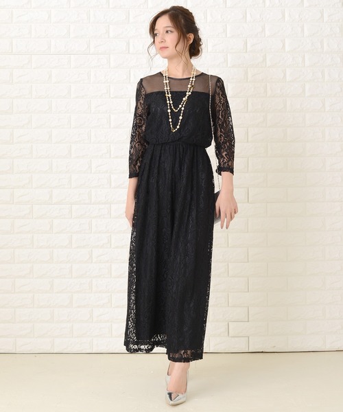 Lace Ladies パンツドレス デコルテシースルー切替総レース