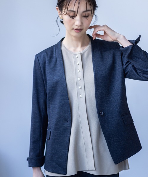 ジャケット ノーカラージャケット 「アルファブリック」ストレッチノーカラージャケット「パンツ・スカートセットアップ可能」 レディースの画像