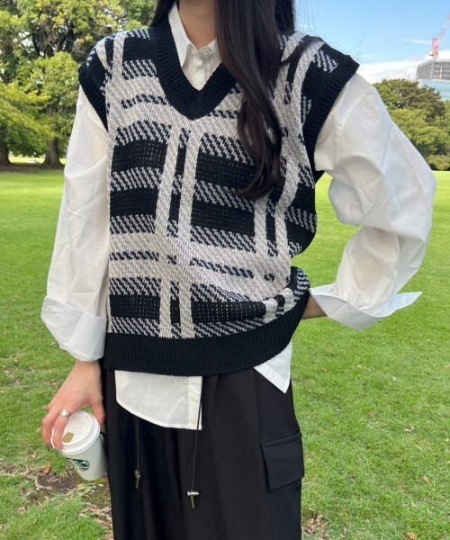 nemne ベスト ジレ チェック柄ニットベスト レディース