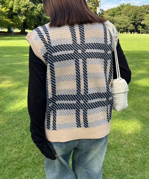 nemne ベスト ジレ チェック柄ニットベスト レディース