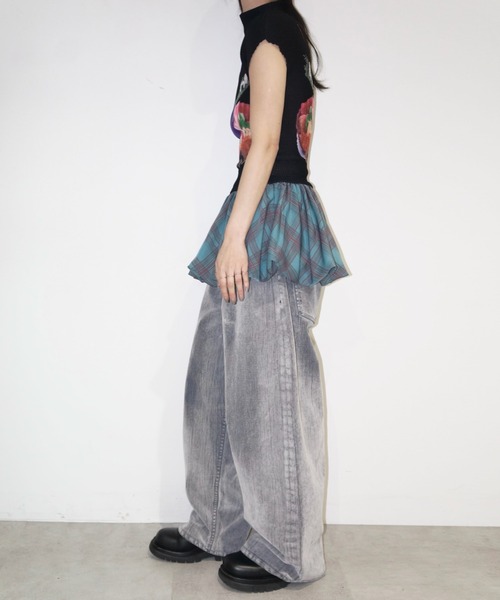 musubore プリーツプリントトップス ブルー リボン musubore tシャツ 「 select 」pleated print tops /プリーツ