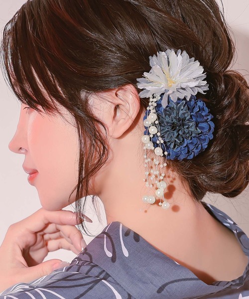 浴衣　フルセット　ヘアアクセサリー付き しだれフラワー×メッシュレースヘアアクセサリー4点セット 浴衣