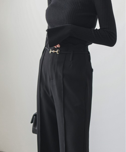 Lajour パンツ 日本製 スカラップ ベルト付き ワイドパンツ