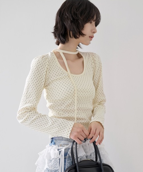 tシャツ バレエコアラブリーUネックリボンドットショルダーパフ長袖Tシャツカットソー レディース UNE MANSION tシャツ バレエコアラブリーUネックリボンドット