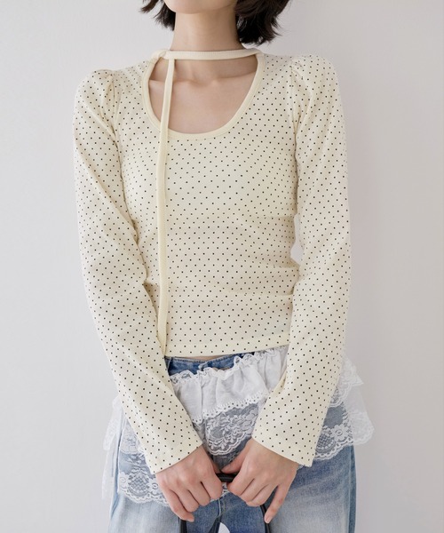 tシャツ バレエコアラブリーUネックリボンドットショルダーパフ長袖Tシャツカットソー レディース バレエコアラブリーUネックリボンドットショルダーパフ長袖T