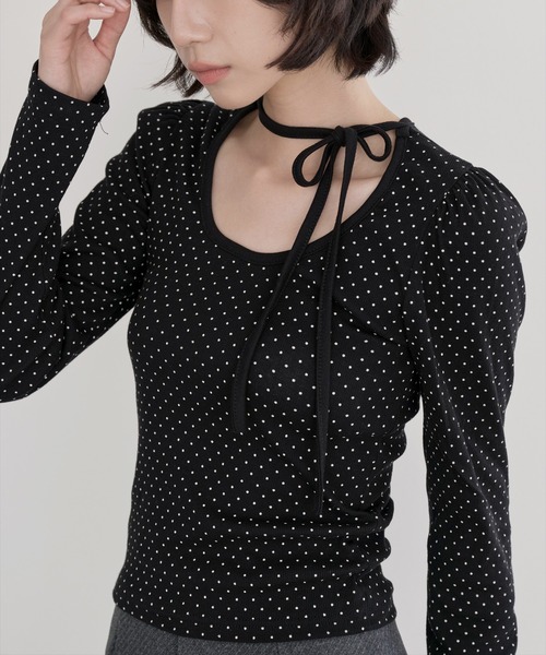 tシャツ バレエコアラブリーUネックリボンドットショルダーパフ長袖Tシャツカットソー レディース 韓国トレンドファッション│UNE MANSION