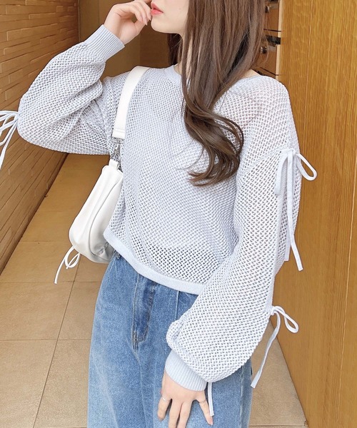 INGNI ニット セーター メッシュ袖スリットリボンニット
