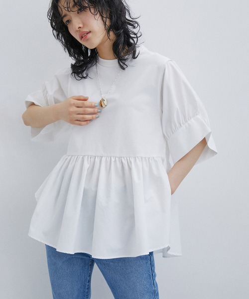 ADAM ET ROPE FEMME ホワイトシャツ　バウンスカフスプルオーバー ADAM ET ROPE' tシャツ 「接触冷感」・「UVカット」バウンスカフスプル