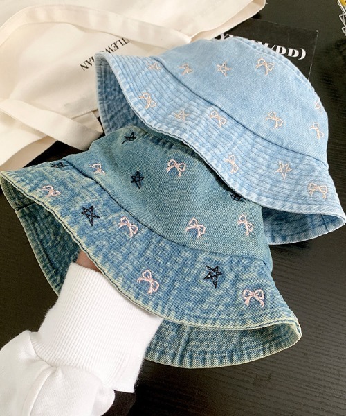 リボン刺繍デニムバケットハット 帽子 ハット リボン刺繍デニムバケットハット レディース