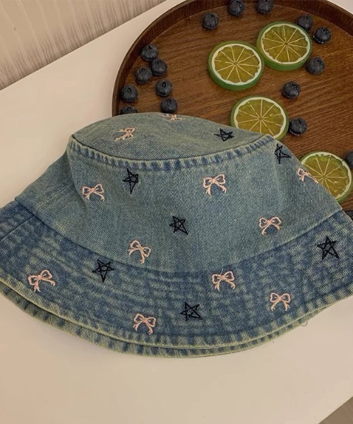 リボン刺繍デニムバケットハット 帽子 ハット リボン刺繍デニムバケットハット レディース