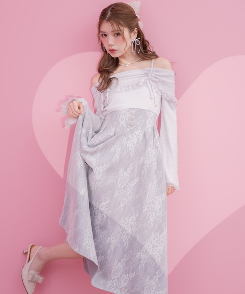 クチュールバイロジータ 刺繍入りベージュシフォンロングワンピース セール】レースラインスウエットロングワンピース（ワンピース