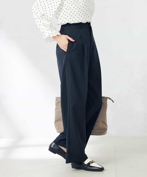 スラックス パンツ 「洗える/ストレッチ/UVカット」麻調ワイドストレートパンツ レディースの画像
