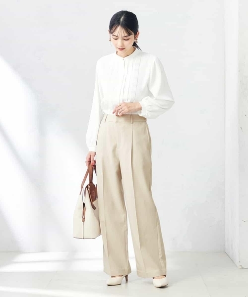 スラックス パンツ 「洗える/ストレッチ/UVカット」麻調ワイドストレートパンツ レディースの画像