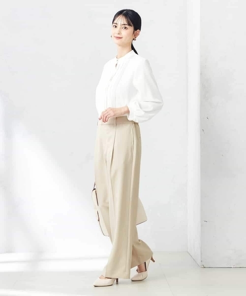 スラックス パンツ 「洗える/ストレッチ/UVカット」麻調ワイドストレートパンツ レディースの画像