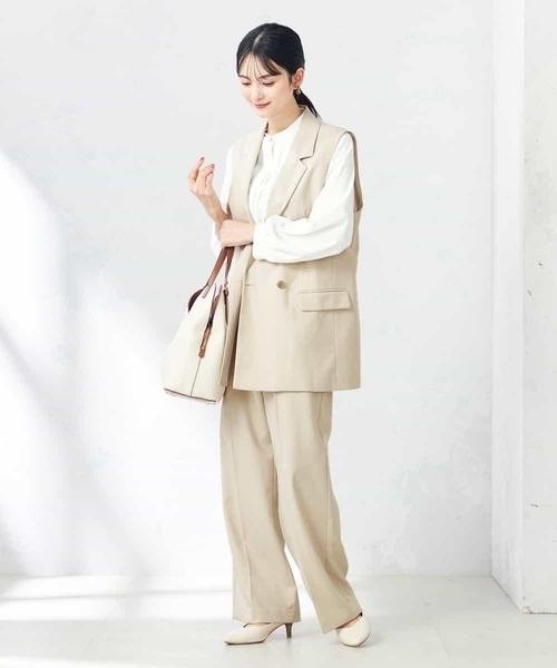 スラックス パンツ 「洗える/ストレッチ/UVカット」麻調ワイドストレートパンツ レディースの画像