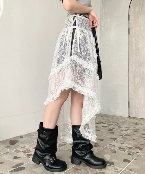 【のりまき】GIRL ヴィンテージ風チュールフラワー刺繍レースミモレ丈 girl（ガール）の「ヴィンテージ風シワ加工チュールフラワー刺繍